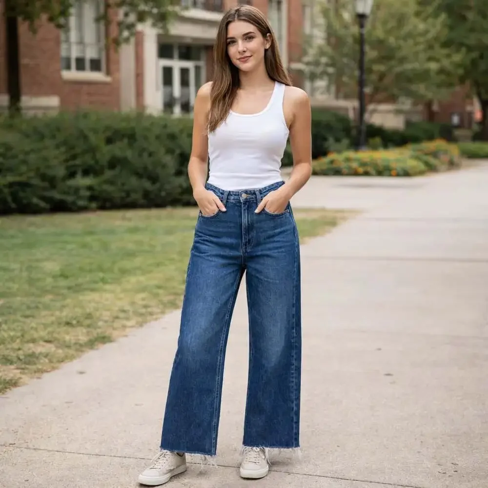 American Eagle Super High Rise Baggy Wide Leg Jeans Blue 00R Raw Hem Y2K - Picture 1 of 8